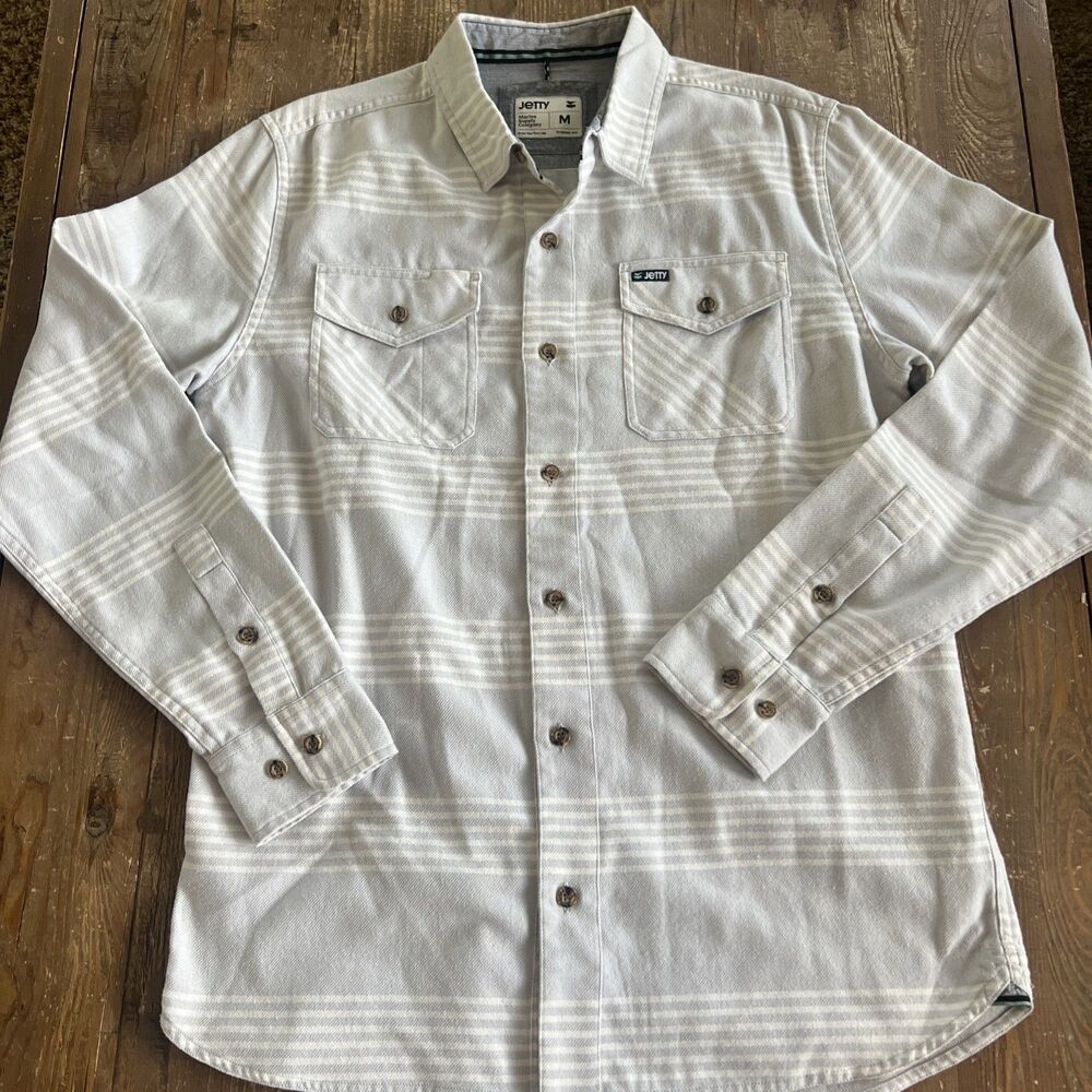 Jetty Shirt Mens M Gray White Stripe Long Sleeve Button Up  Casual Outdoor
